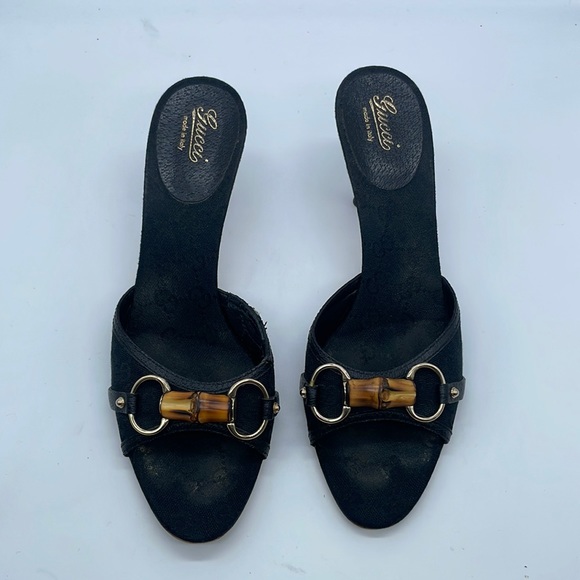 Gucci Shoes - Gucci Black GG monogram bamboo horsebit canvas with leather trim mules 10B